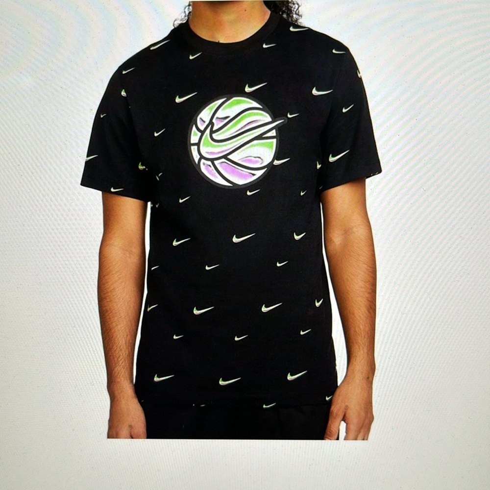 The Nike Black Swoosh Ball  Tee with  Pink and Green Ball and Swooshes Size M